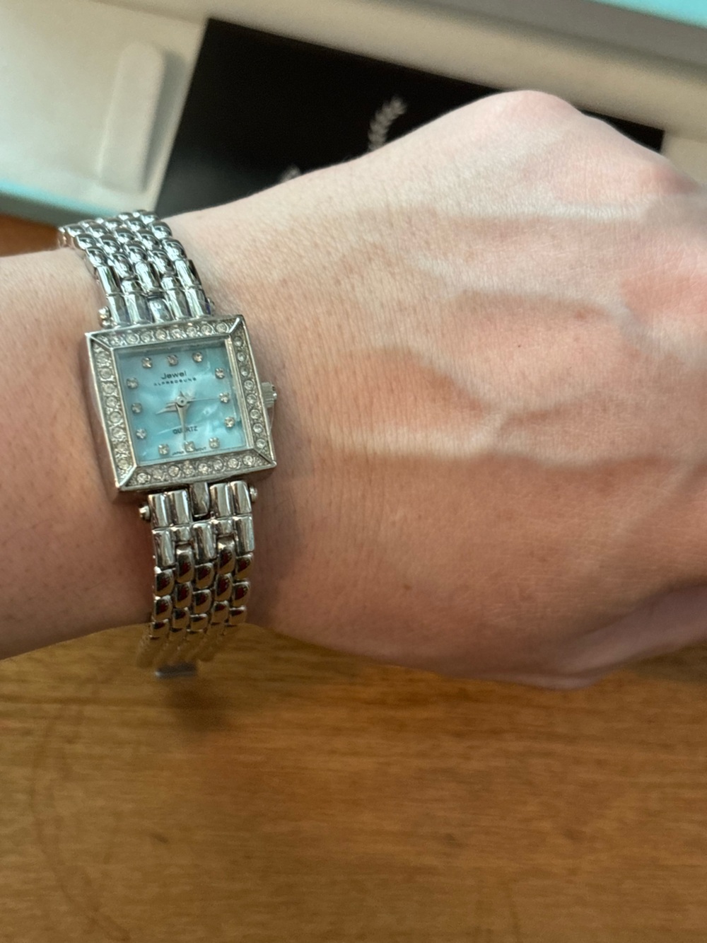 ALFRED SUNG Jewel Art Deco Silver MOP Women's Crystals Square Bracelet Watch - Picture 5 of 10